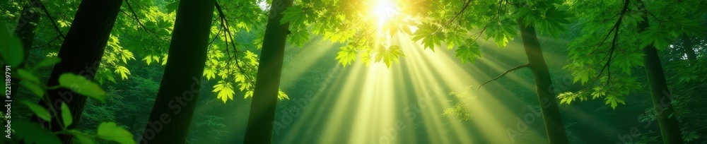 Sunbeams pierce dense forest canopy, vibrant green leaves , horizon, sunshine, leaves Sunbeams pierce dense forest canopy, vibrant green leaves , horizon, sunshine, leaves