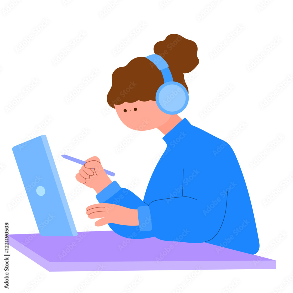 a woman wearing headphones, working on a tablet at a desk, productivity concept, flat vector illustration a woman wearing headphones, working on a tablet at a desk, productivity concept, flat vector illustration