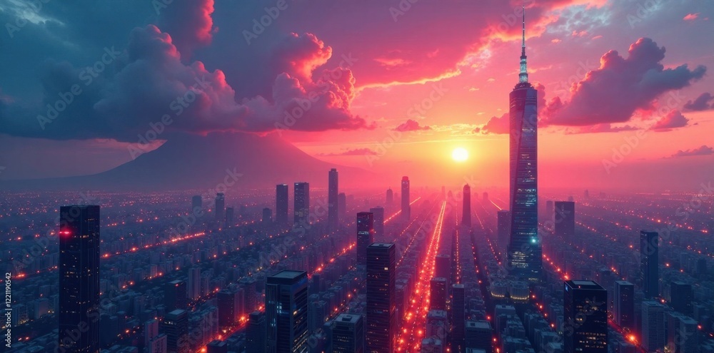 Obraz premium Futuristic cityscape at sunset with towering skyscrapers and neon lights , cityscape, futuristic