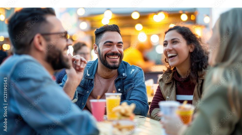 Obraz premium group of friends enjoying food and drinks at outdoor carnival with vibrant lights and lively atmosphere, sharing laughter and creating joyful memories