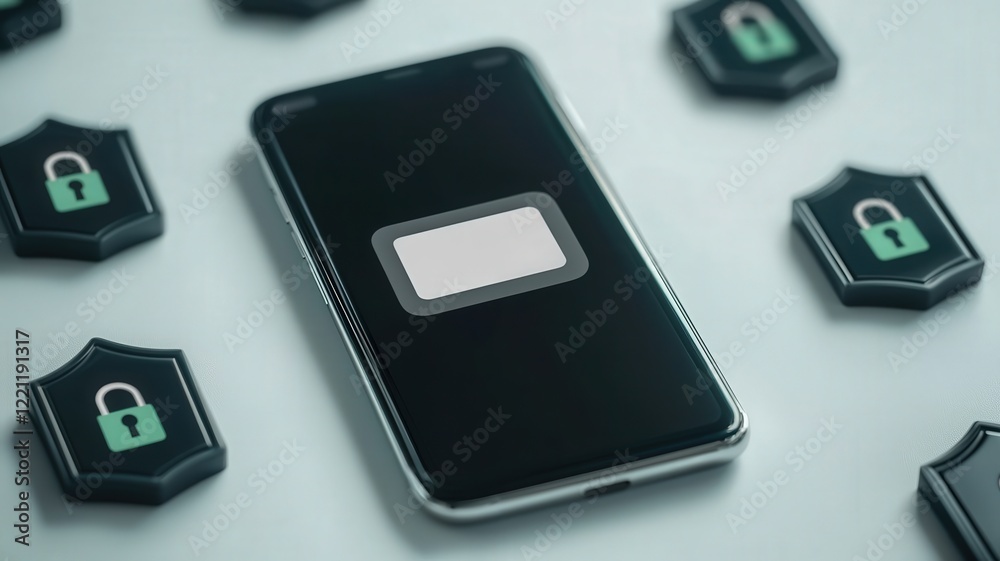 spam call phone security concept. Smartphone surrounded by lock icons, symbolizing digital security and data protection. spam call phone security concept. Smartphone surrounded by lock icons, symbolizing digital security and data protection.
