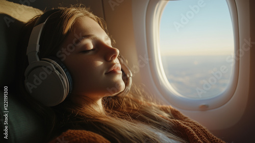 Passenger relaxing during flight, wearing headphones, soft sunlight illuminating airplane interior while traveling comfortably