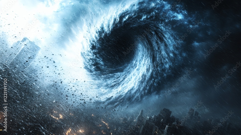Fototapeta premium Apocalyptic Vortex: City Under Siege by a Monstrous Rotating Storm