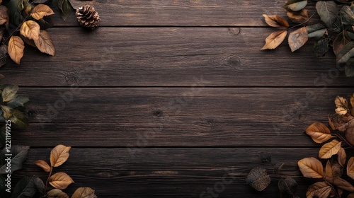 Autumn leaves on dark wooden background photo