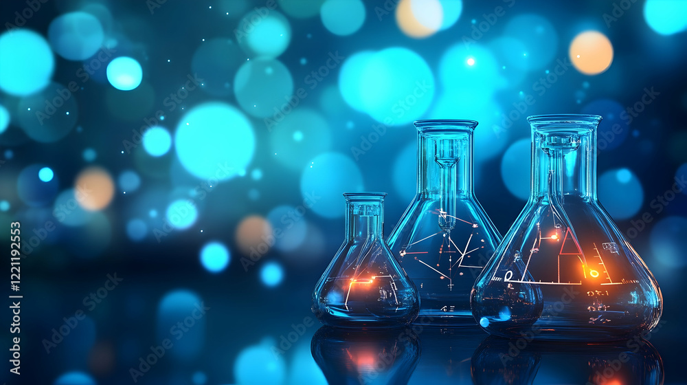 Science lab glassware, experiment, blue bokeh background, research Science lab glassware, experiment, blue bokeh background, research