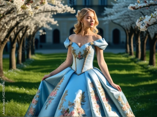 Elegant woman in a blue gown posing among blooming cherry blossom trees in a beautiful garden setting photo