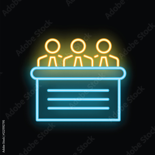 Neon business icon of three businesspeople sitting at a table, perfect for topics of teamwork, management or business meeting