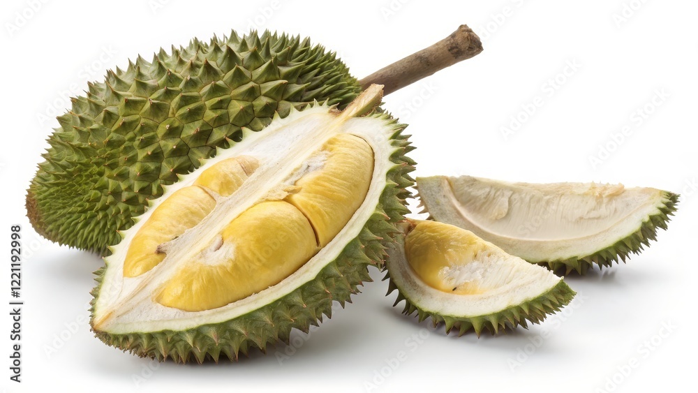 Obraz premium Durian Fruit Close-up of Whole and Cut Durian Showing Creamy Yellow Flesh, Spiky Exterior, Studio Shot, High-Resolution Image Durian, Tropical Fruit