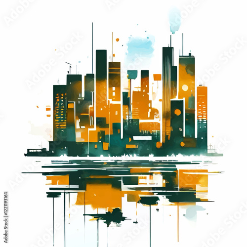 watercolor cityscape vector illustrtation wth river foreground and reflection vector illustration