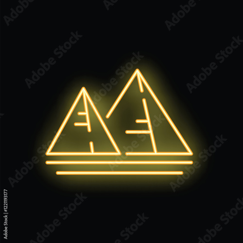 Golden neon sign showing stylized pyramids of giza on black background