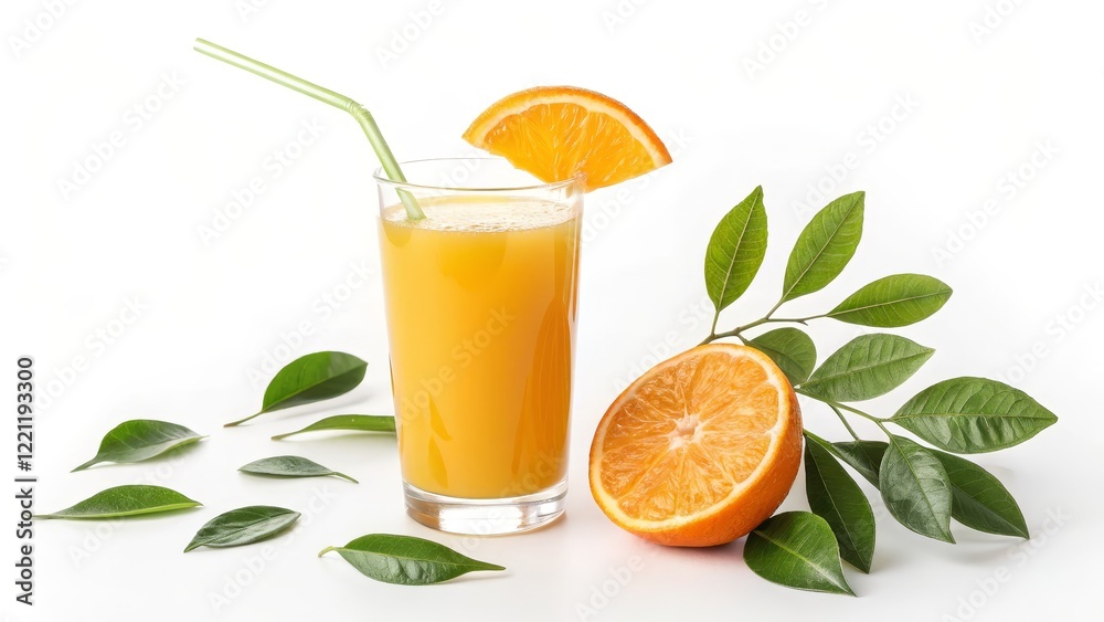 Fototapeta premium Glass of Orange Juice with Slice and Leaves, High-key Photography, Fresh Citrus Concept, orange juice, healthy drink