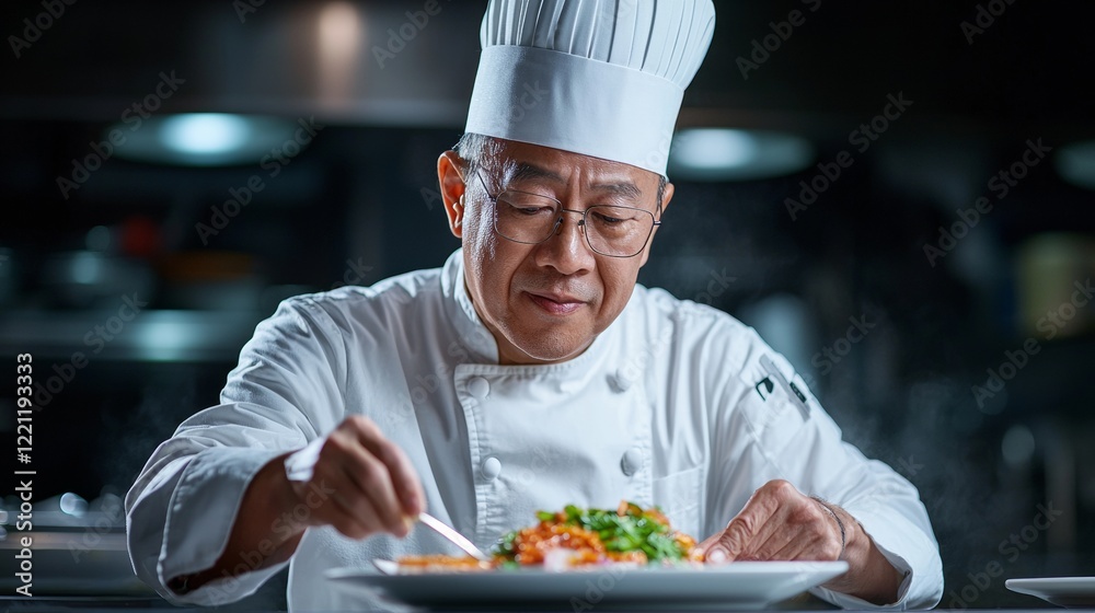 Smiling Asian Chef Plates Vibrant Seafood Dish In Dark Kitchen Smiling Asian Chef Plates Vibrant Seafood Dish In Dark Kitchen
