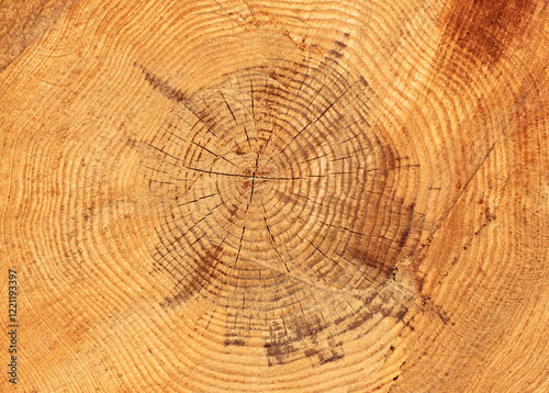 Annual growth rings of a red pine tree (Pinus brutia), providing a record of its age and the environmental conditions it experienced. photo