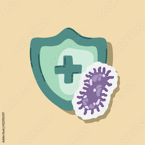 Guard shield attacked by virus, germs and bacteria. Immune system and virus protection concept. Immunity hygienic medical prevention