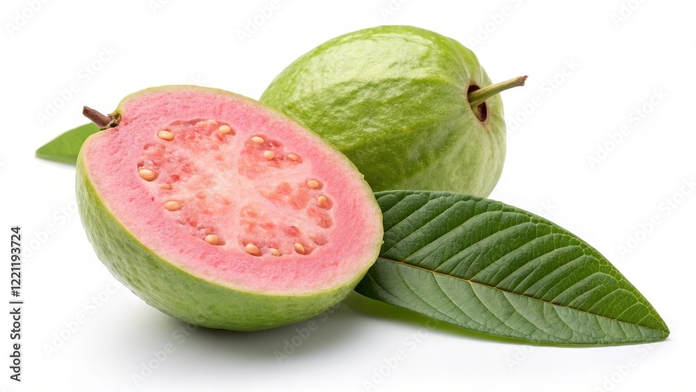 Guava Composition Halved and Whole Fruit with Leaves, Vibrant Pink and Green Hues, Fresh Tropical Concept, Guava Fruit, Tropical Food Guava, Tropical Fruit Guava Composition Halved and Whole Fruit with Leaves, Vibrant Pink and Green Hues, Fresh Tropical Concept, Guava Fruit, Tropical Food Guava, Tropical Fruit