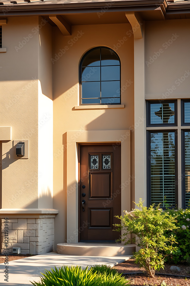 Fototapeta premium Elegant Home Exterior: Modern Architectural Design, Stunning Facade, and Landscaped Entrance. Discover the beauty of contemporary residential architecture.