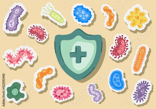 Guard shield attacked by virus, germs and bacteria. Immune system and virus protection concept. Immunity hygienic medical prevention