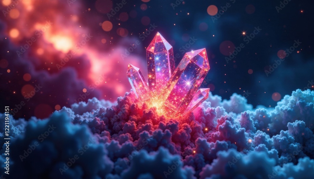 Fototapeta premium Holographic crystal formations in dark space, cosmic, neon, holographic