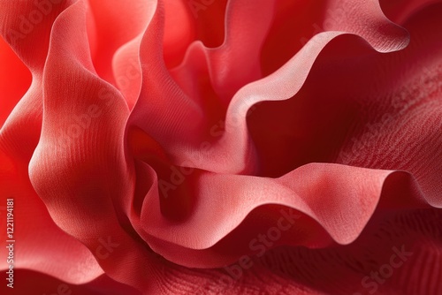 This close-up shot beautifully illustrates the gentle ruffled texture of red fabric, showcasing its softness and invoking feelings of warmth, comfort, and intimacy in design.