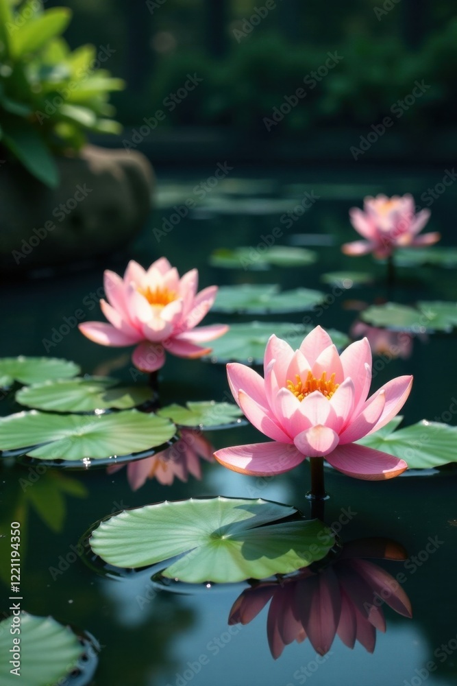 Delicate aquatic flowers floating in a tranquil pond, serene water, , aquatic flowers Delicate aquatic flowers floating in a tranquil pond, serene water, , aquatic flowers