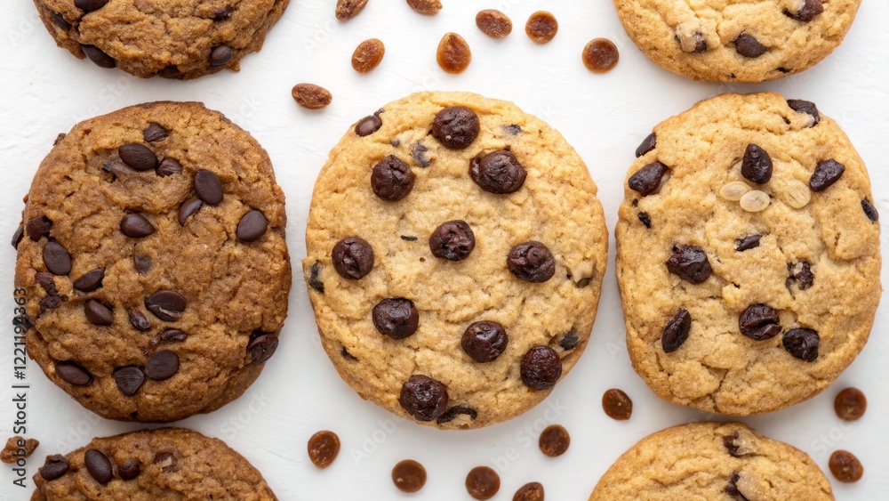 Overhead Flatlay of Chocolate Chip Cookies, White Background, Food Photography, Bakery,Dessert Cookies, Chocolate Chips Overhead Flatlay of Chocolate Chip Cookies, White Background, Food Photography, Bakery,Dessert Cookies, Chocolate Chips