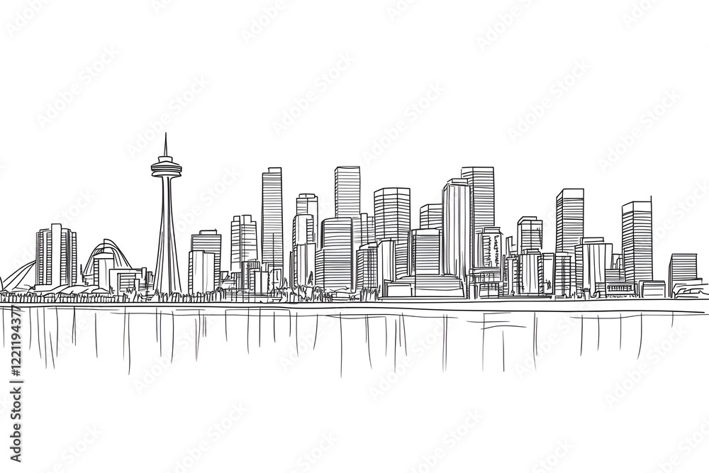 Fototapeta premium Outline illustration of a city skyline featuring skyscrapers and iconic landmarks