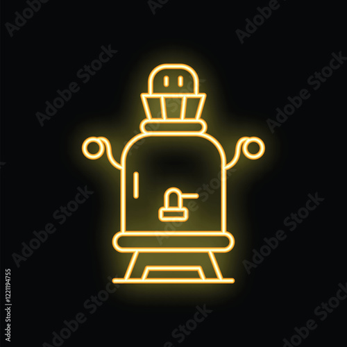Yellow neon sign of traditional russian samovar with tap for tea ceremony on black background
