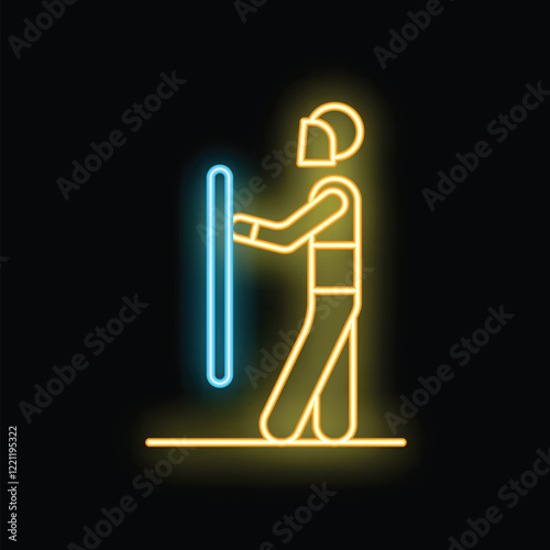 Neon sign of a construction worker wearing a hard hat and pushing a button on a control panel