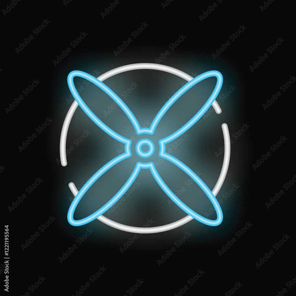 Blue neon sign of a four blade propeller glowing on dark background Blue neon sign of a four blade propeller glowing on dark background