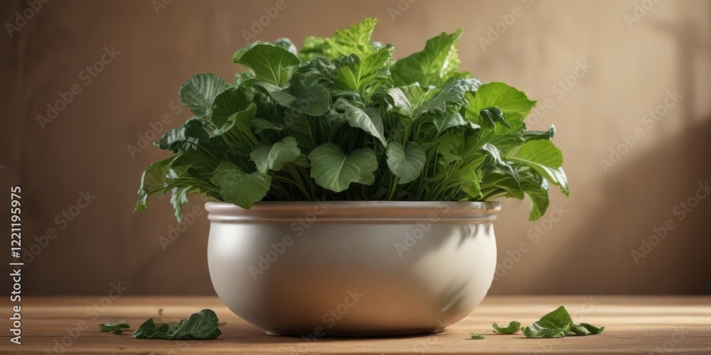 Fototapeta premium Leafy greens in a pot with earthy tone background, plants, organic