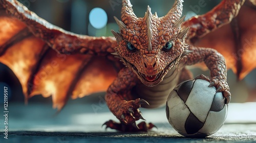 Fierce baby dragon clutches soccer ball. photo