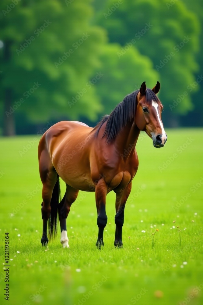 Mare stands alone in green meadow, horse, grass landscape Mare stands alone in green meadow, horse, grass landscape