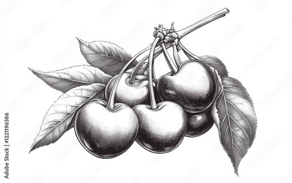 custom made wallpaper toronto digitalA monochrome vector illustration of a cluster of cherries with intertwining stems and overlapping leaves
