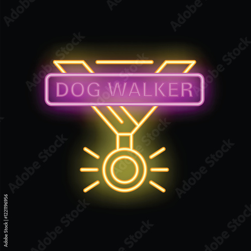 Neon glowing sign of a medal with rays of light and a banner reading dog walker