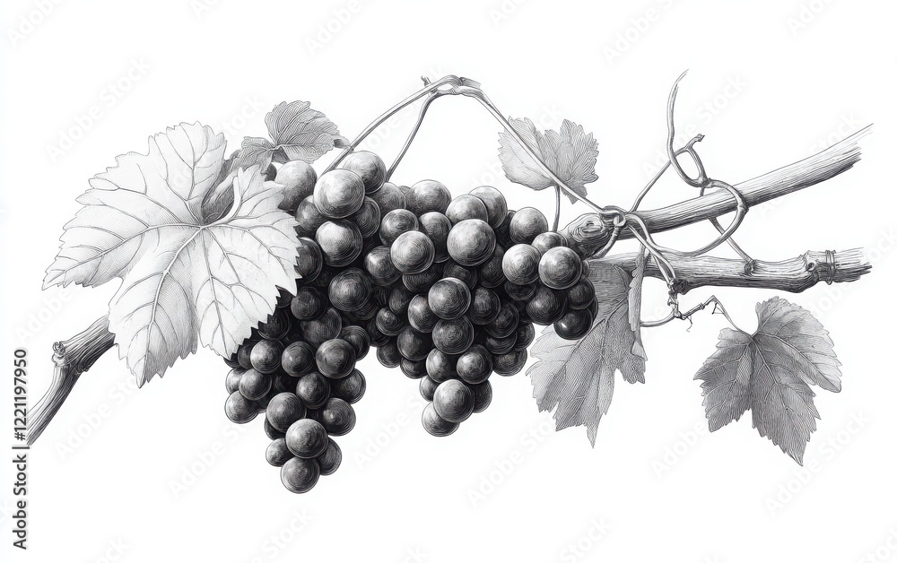 Obraz premium A monochrome vector illustration of grape clusters intertwined with twisting vines and delicate tendrils