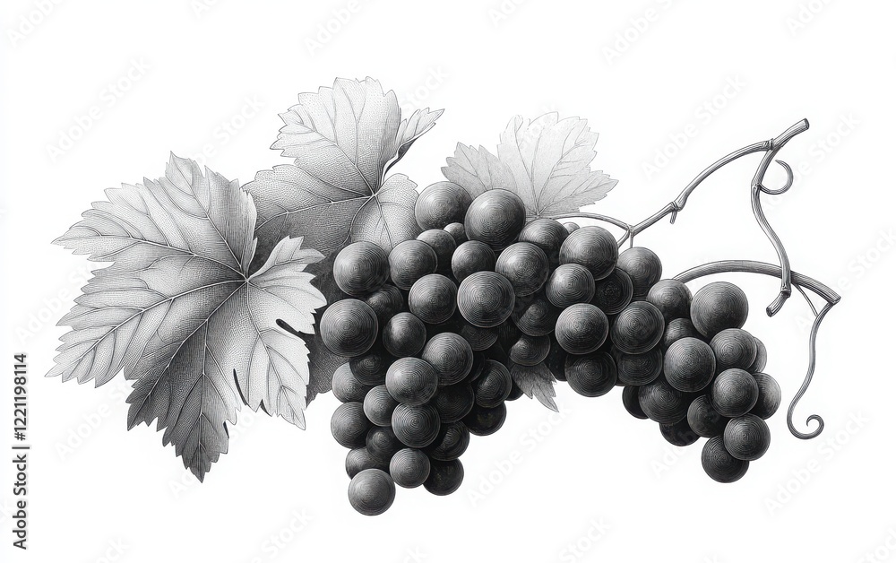 Fototapeta premium A monochrome vector illustration of grapes with curling vines and layered leaves, depicted in a vintage wood engraving style using pen and ink