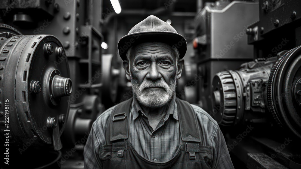 custom made wallpaper toronto digitalThe Factory Worker: A Black and White Portrait of an Elderly Man Amidst Industrial Machinery