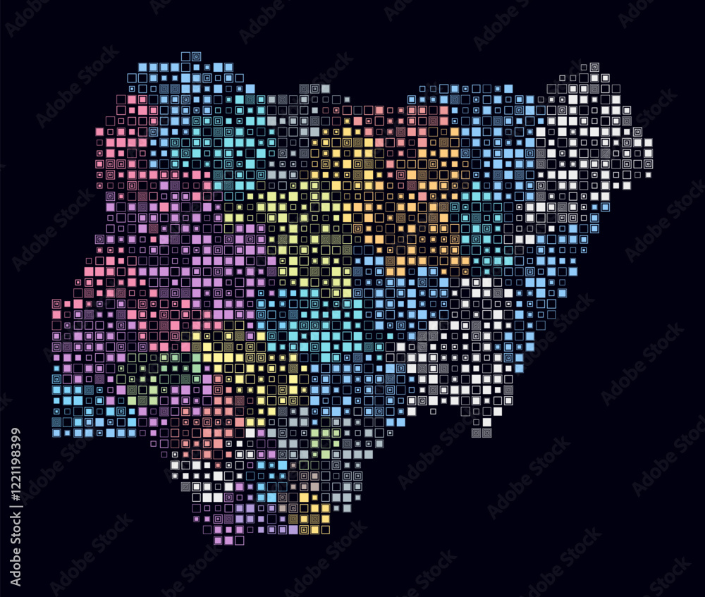 Fototapeta premium Nigeria, shape of the country built of colored cells. Digital style map of Nigeria on a dark background. Small size square blocks. Stylish vector illustration.