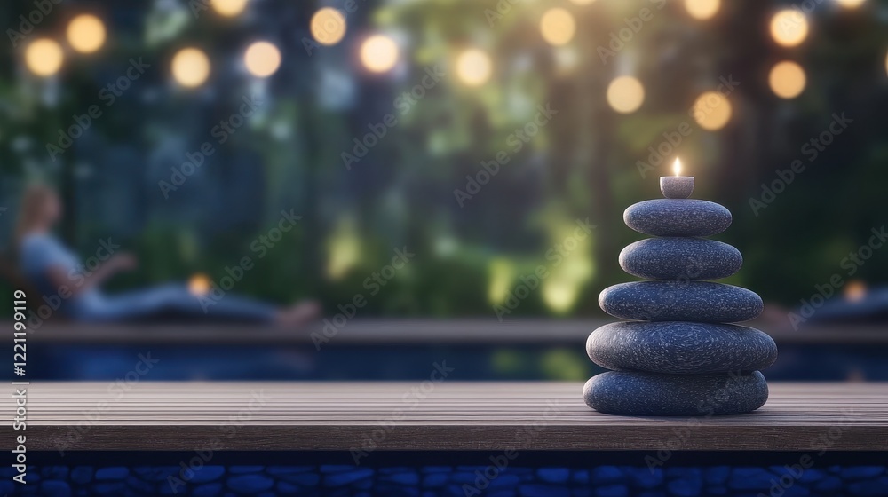 Obraz premium Tranquil Stone Stack with Candle Near Swimming Pool