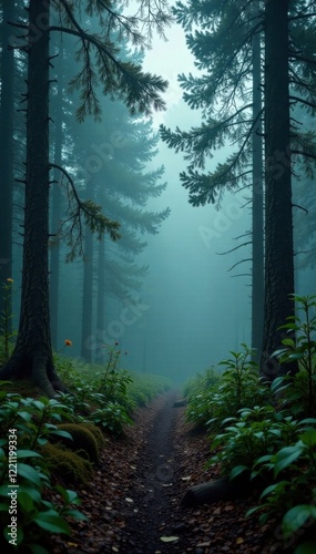 Moody, misty forest landscape, mystery, fog, gloom photo