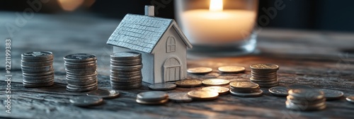 Miniature House Model and Coin Stacks - A miniature house model sits amidst stacks of coins, symbolizing homeownership, savings, investment, financial planning, and prosperity. photo