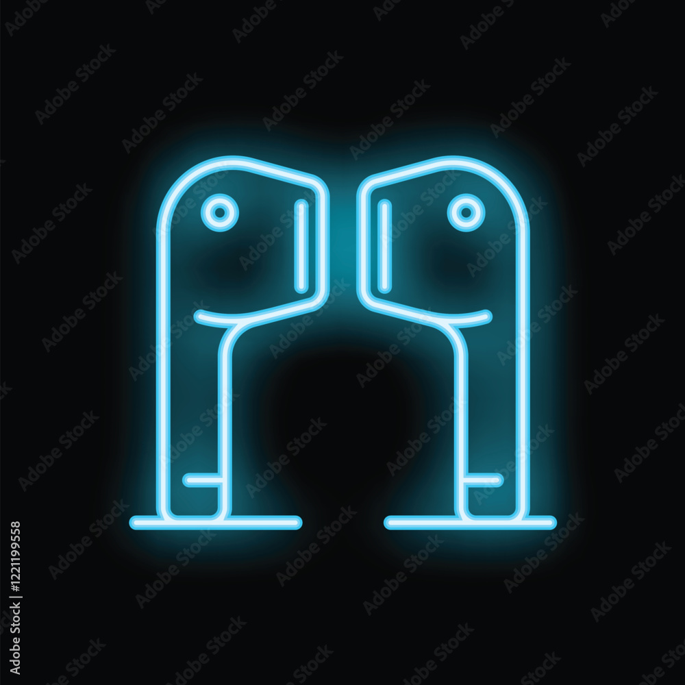 Blue neon sign depicting a pair of wireless earbuds on a black background Blue neon sign depicting a pair of wireless earbuds on a black background