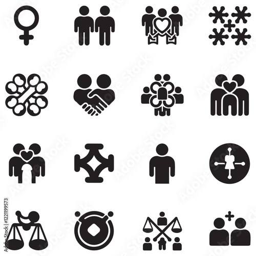 gender equality, community teamwork, diversity and collaboration Icon set, inclusion, partnership, human connection, justice, and unity for social issues, human rights, equality, gender roles, teamwor