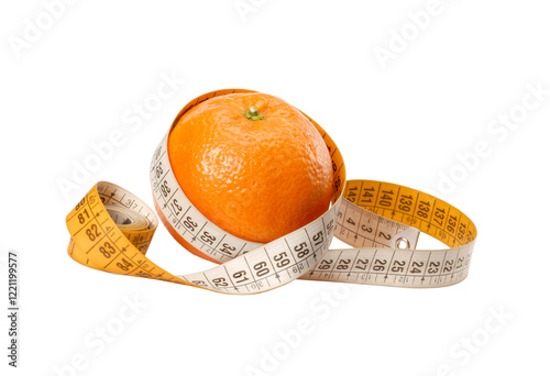 orange fruit with measuring tape isolated on transparent layered background.