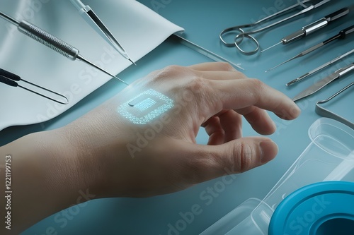 Close-up of a human hand with a glowing microchip implant under the skin, surrounded by high-tech medical tools.
