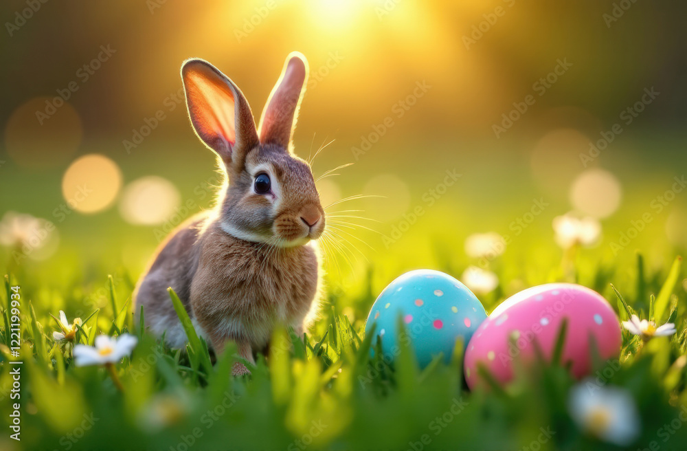 Fototapeta premium Cute bunny with colorful easter eggs in a sunny meadow