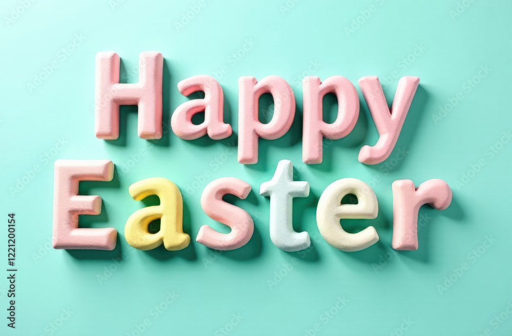 Colorful pastel letters spelling happy easter on light blue background Colorful pastel letters spelling happy easter on light blue background