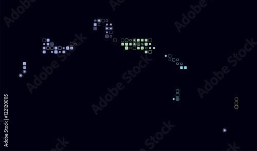 Turks and Caicos Islands, shape of the country built of colored cells. Digital style map of the Turks and Caicos Islands on dark background. Small size rounded square blocks.
