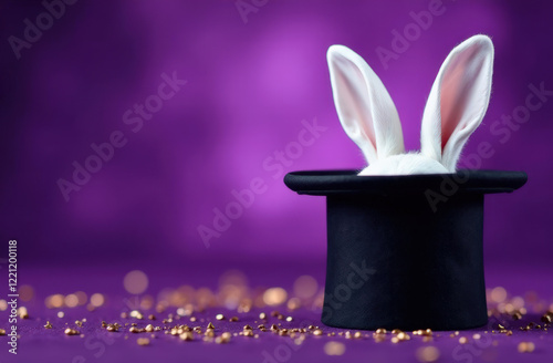 White rabbit ears emerging from black top hat on purple background