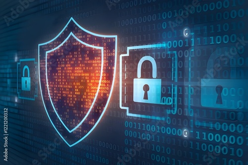 Abstract visuals of a glowing digital shield protecting a network, with binary code and encrypted locks in the background.
